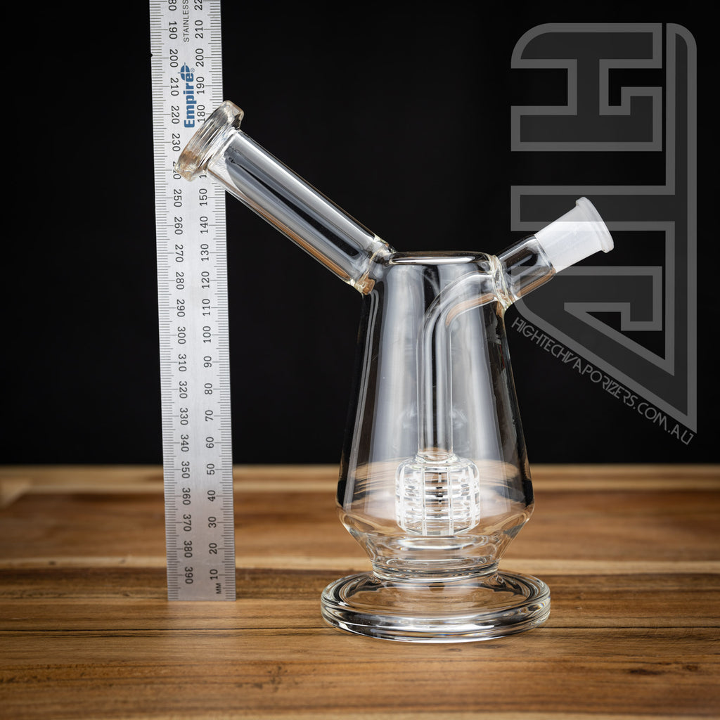 V-Tower glass water pipe 14mm showing height against ruler