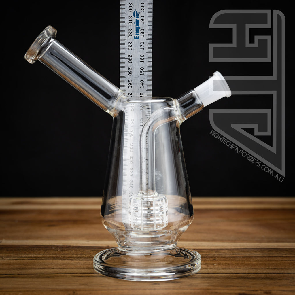 V-Tower glass water pipe 14mm showing height against ruler 