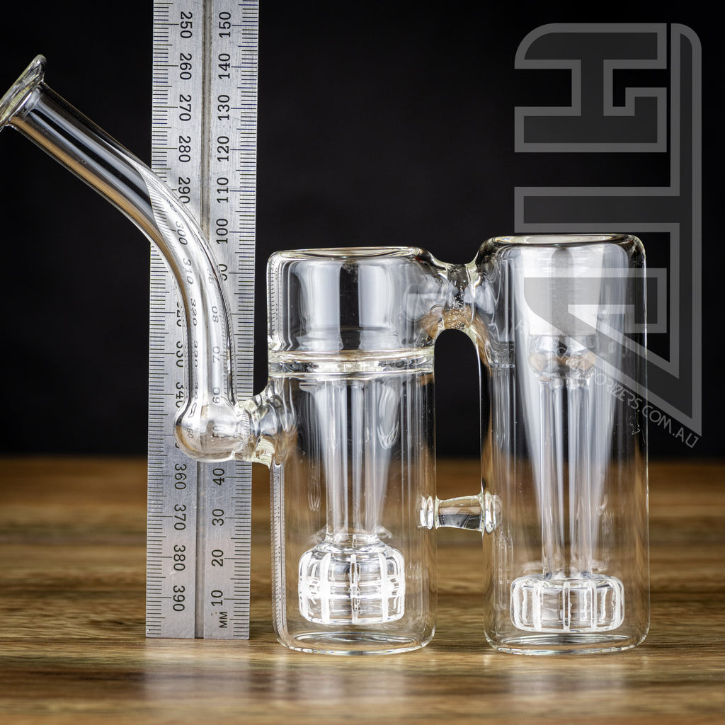 Double Bubbler 14mm water pipe next to a ruler showing height