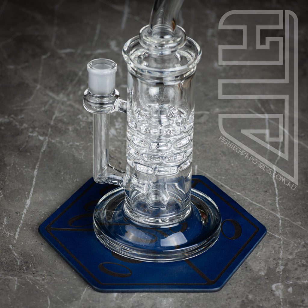 HTV Leather Hexagon Mat blue dice in use with water pipe