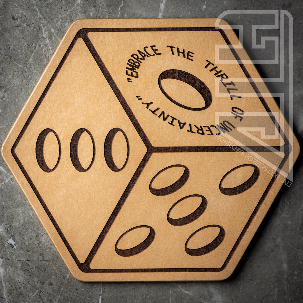 HTV Leather Hexagon Mat natural dice quote design