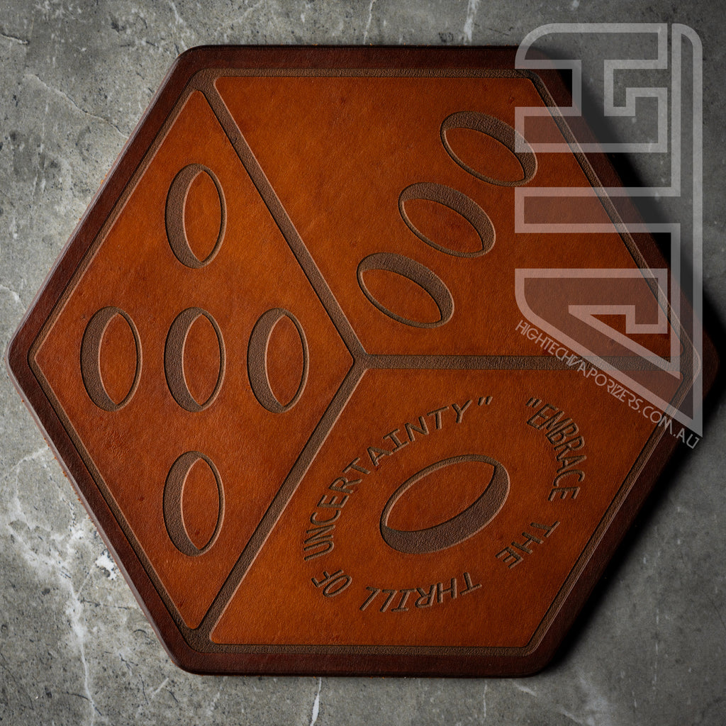 HTV Leather Hexagon Mat rusty brown dice quote design