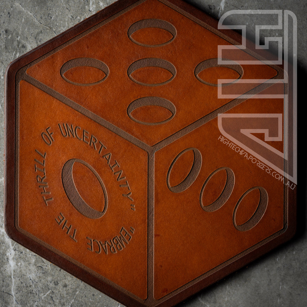 HTV Leather Hexagon Mat rusty brown dice quote design