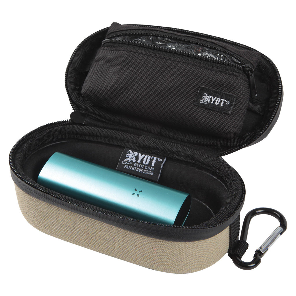 inside of RYOT® SmellSafe™ HeadCase Natural showing how a portable vaporizer is stored