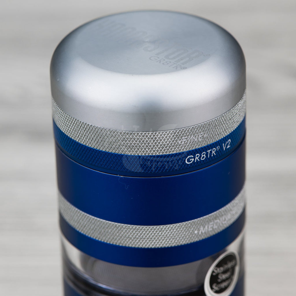 top of blue GR8TR grinder in blue